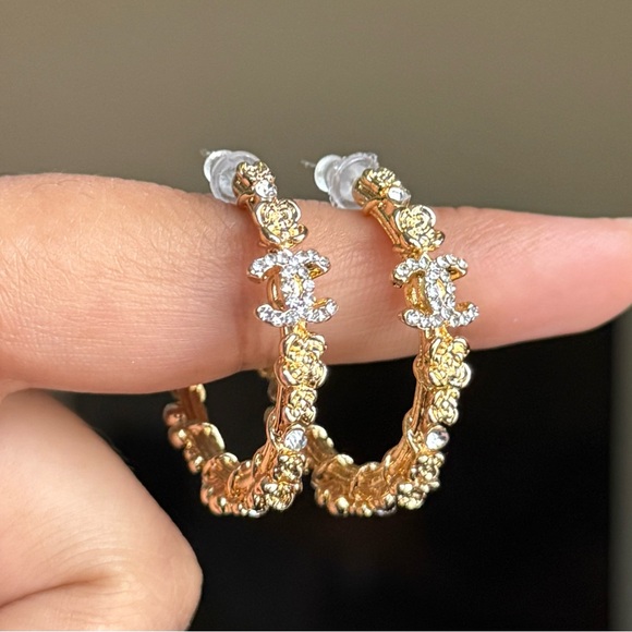 Gold Women's Hoop Earrings with Rhinestones - Picture 3 of 6